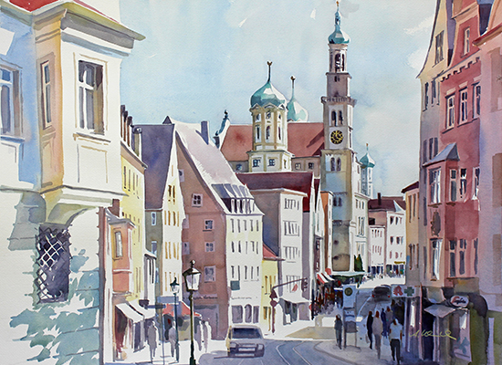 Perlachturm und Rathaus vom Hohen Weg aus, Augsburg